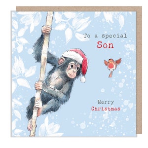 Fils - Carte de Noël de qualité - 150 x 150 mm - Charmante illustration de chimpanzé - Gamme « Wonderfully Wild » - Fabriqué au Royaume-Uni - WWX014