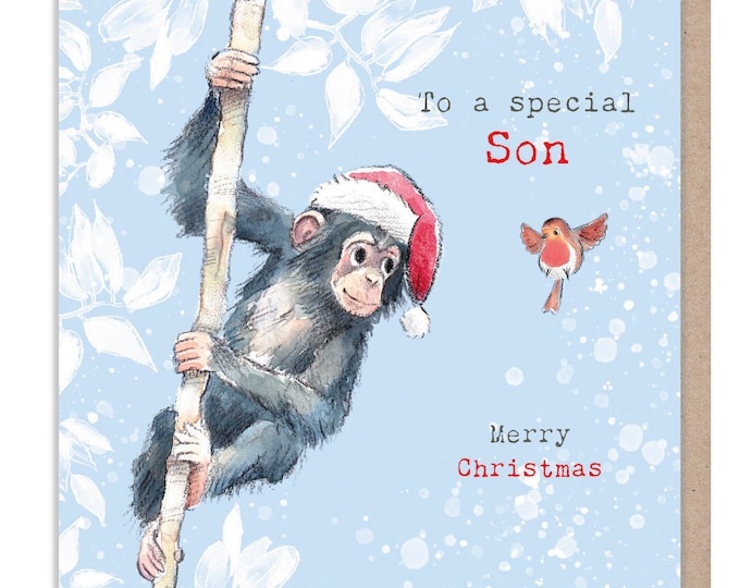 Son - Quality Christmas Card - 150 x 150mm - Charming Chimpanzee illustration - 'Wonderfully Wild'  range - Made in UK -  WWX014