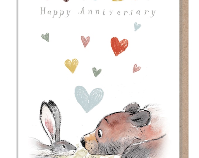 Happy Anniversary , Quality Greeting Card, to you Both 'the Bear, the Hare, and the Mouse' , heart warming Illustrations, made in UK, BHME09