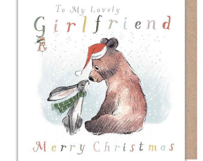 Girlfriend Christmas Card, 'the Bear, the Hare, and the Mouse', Cute heart warming Bear Illustration, made in UK, BHMX016
