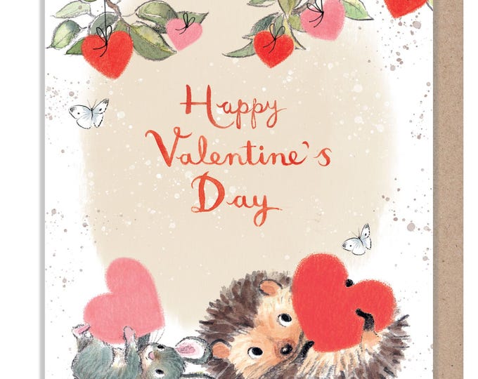 Valentine Card - Quality Card - Charming illustration - Hedgehog and Mouse with Hearts- 'Morris and Maude' range - Made in UK -  MMVAL01