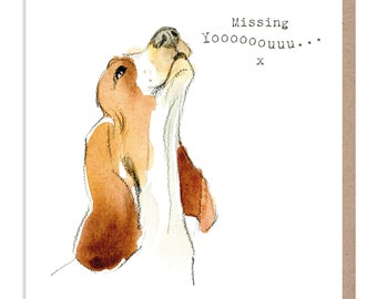 'Missing you'-kaart hond - kwaliteitswenskaart - charmante illustratie - bereik 'absoluut blaffend' - huilende hond - Made in UK - ABE05