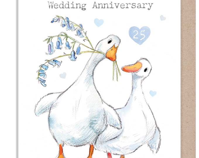 Silver Wedding Anniversary card - Quality Greeting Card- 25 years - Ducks with bluebells - 'Down by the river'  range - Made in UK -  RIV018