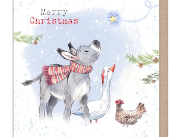 Merry Christmas -Donkey, Goose & Hen : Charming Farm Illustration BFX03