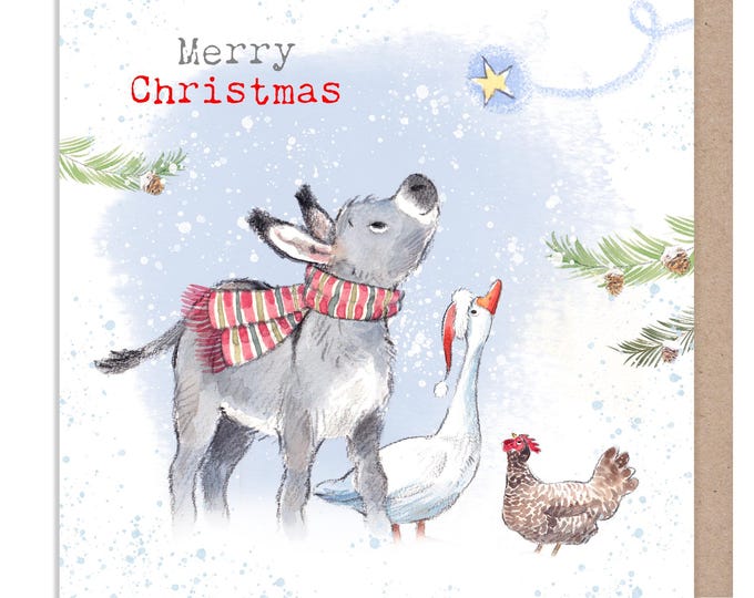 Merry Christmas -Donkey, Goose & Hen : Charming Farm Illustration BFX03