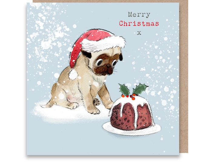 Dog Christmas Card - Quality Christmas Card - Charming Pug illustration - 'Absolutely barking' range- Made in UK -  ABX024