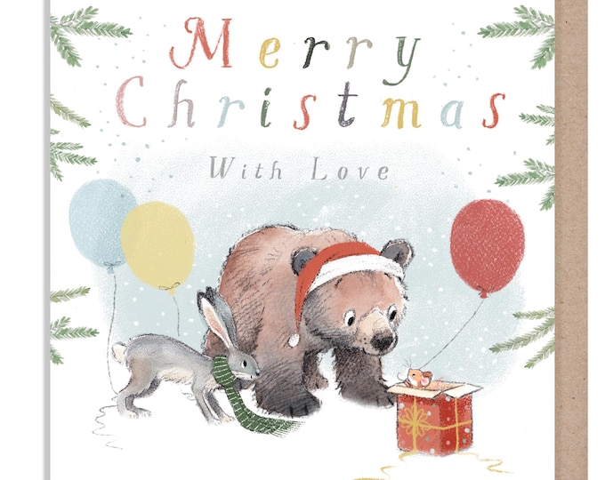 Quality Christmas Card,'the Bear, the Hare, and the Mouse', Cute heart warming  Bear Illustration, Bear with balloons, made in UK, BHMX018