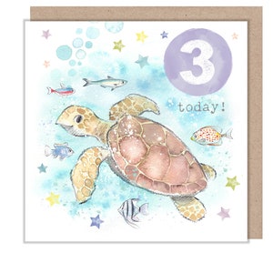 Cartão de aniversário de 3 anos - Ilustração encantadora - Tartaruga marinha, linha 'Party Time' - Fabricado no Reino Unido - PTAGE03
