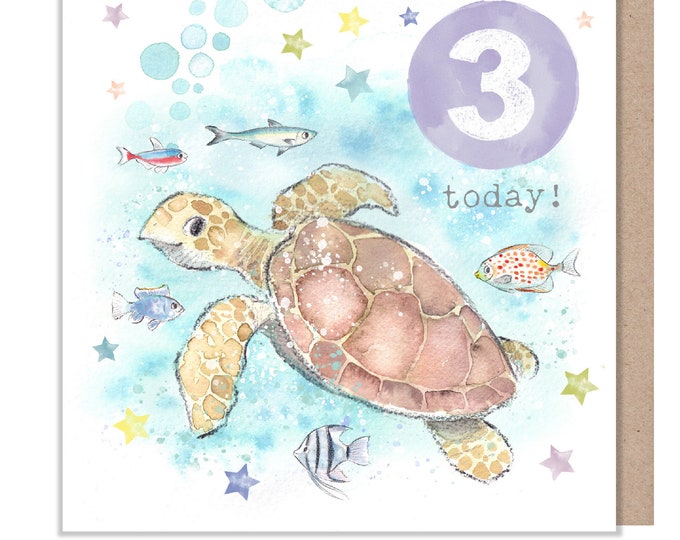 AGE 3 Birthday Card -  Charming illustration - Sea Turtle,  'Party Time'  range - Made in UK -  PTAGE03