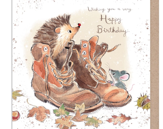 Birthday Card - Quality Card - Charming illustration - Hedgehog with Brown Boots - 'Morris and Maude' range - Made in UK -  MME09