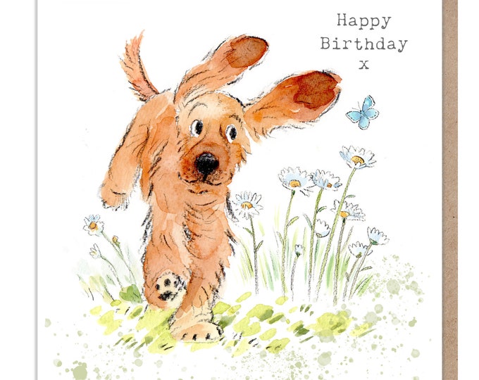 Dog Birthday Card - Quality Greeting Card - Charming illustration - 'Absolutely barking' range - Cocker spaniel- Made in UK -  ABE041