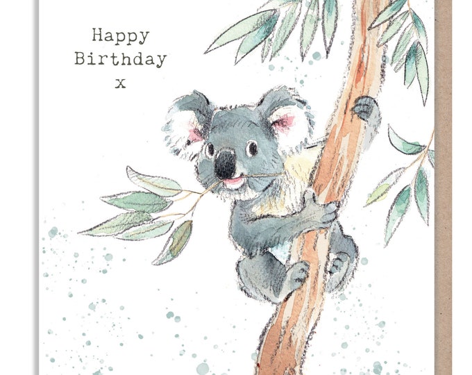 Koala   Birthday Card - Charming illustration - Koala in tree - 'Wonderfully Wild'  range - Made in UK -  WWE08