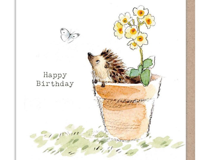 Birthday Card - Quality Card - Charming illustration - Hedgehog in Flowerpot - 'Bucklebury Wood'  range - Made in UK -  BWE033