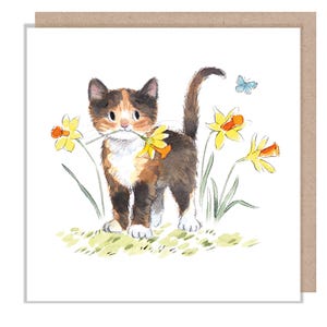 Carte vierge - Carte de voeux de qualité - Charmante illustration - Gamme « Pawsitively Purrect » - Chat avec jonquilles - Fabriqué au Royaume-Uni-EPP022