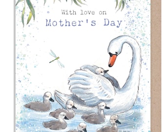 Mothers Day Card - Swan and cygnets illustration - 'Down by the river'  range - Made in UK -  RIVMD01