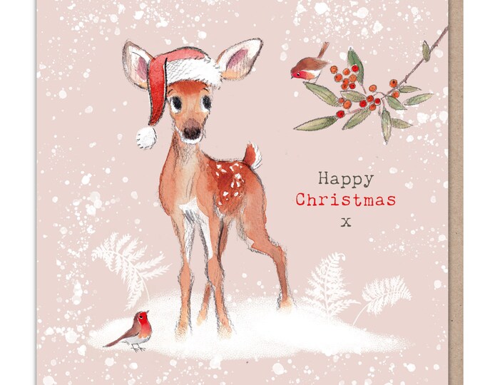 Quality Christmas Card - Deer and Robins illustration - Merry christmas - 'Bucklebury wood' range- Made in UK -  BWX06