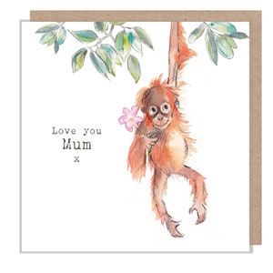 Love you mum - Bezaubernde Illustration - Orang-Utan mit Blume - 'Wundervoll Wild' Serie - Made in UK - WWMD01