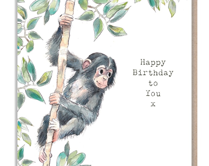 Chimpanzee Birthday Card - Charming illustration - Climbing chimp - 'Wonderfully Wild'  range - Made in UK -  WWE04