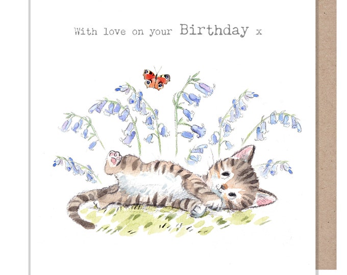 Cat Birthday Card - Quality Greeting Card - Charming illustration - 'Pawsitively Purrect' range - Cat with Bluebells- Made in UK-EPP018