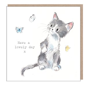 Carte chat - passez une belle journée - Charmante illustration - Gamme « Pawsitively Purrect » - Chat gris avec des papillons - Fabriquée au Royaume-Uni-EPP08