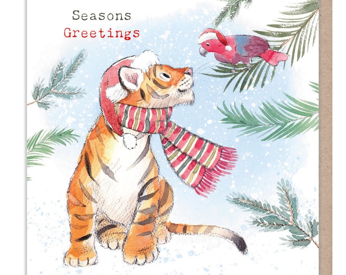 Seasons Greetings - Quality Christmas Card - 150 x 150mm - Charming Tiger illustration - 'Wonderfully Wild'  range - Made in UK -  WWX03