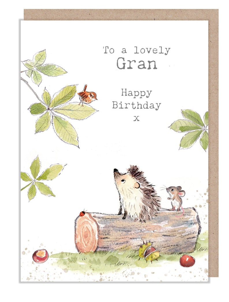 May include: A birthday card with a watercolor illustration. The card features a hedgehog, mouse, and bird on a log, with the text "To a lovely Gran, Happy Birthday x". Green leaves and chestnuts are also depicted.