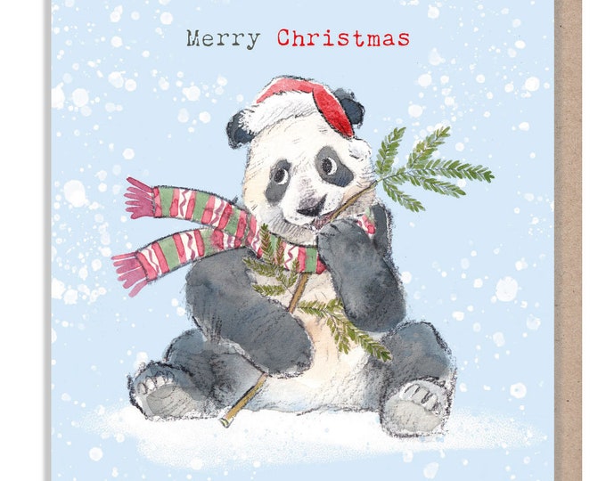 Merry Christmas - Quality Christmas Card - 150 x 150mm - Charming Panda illustration - 'Wonderfully Wild'  range - Made in UK -  WWX02