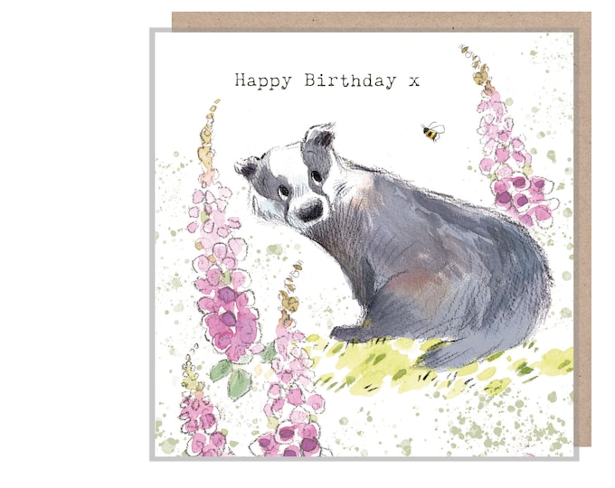 Badger Birthday Card - Quality Card - Charming illustration - Badger with Foxgloves - 'Bucklebury Wood'  range - Made in UK -  BWE07