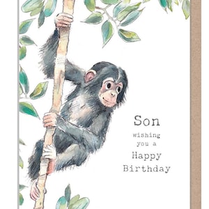 Cartão de aniversário do filho - Ilustração encantadora - Chimpanzé escalador - Gama 'Wonderfully Wild' - Fabricado no Reino Unido - WWE018
