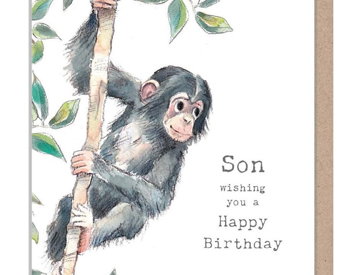 Son Birthday card - Charming illustration - Climbing chimp - 'Wonderfully Wild'  range - Made in UK -  WWE018