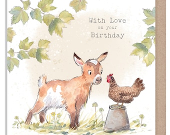 May include: A watercolor illustration of a brown and white goat and a brown chicken standing on a bucket. The text "With Love on your Birthday" is written in the top right corner of the card.