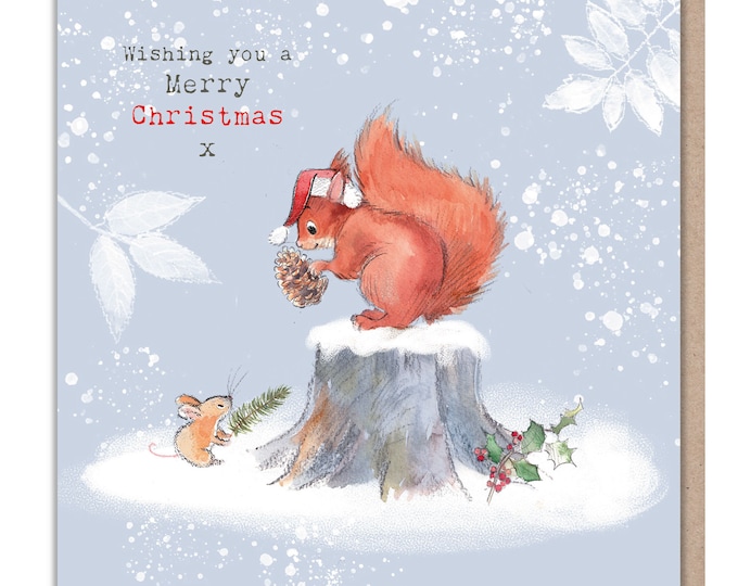 Quality Christmas Card - Squirrel and Mouse illustration -Wishing you a Merry christmas - 'Bucklebury wood' range- Made in UK -  BWX09