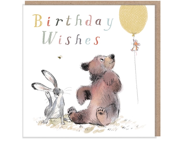 Birthday Wishes, Quality Greeting Card, 'the Bear, the Hare, and the Mouse' , heart warming Illustrations, made in UK, no plastic, BHME07