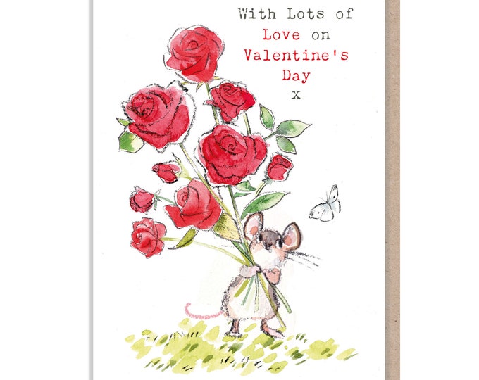 Valentines Card, Cute Mouse with flowers Illustration BWVAL01