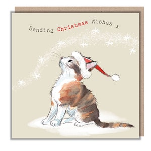 Quality Christmas Card - Charming Cat illustration - 'Pawsitively Purrect' range - Cat with snow flakes- Made in UK - XPP06