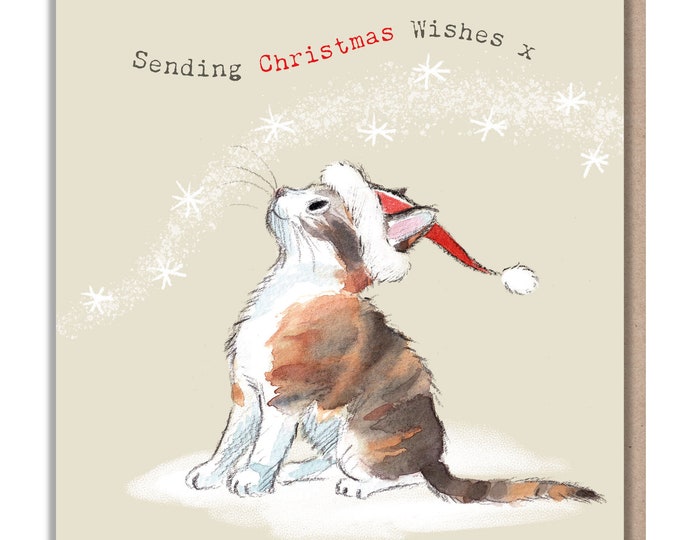 Quality Christmas Card - Charming Cat illustration - 'Pawsitively Purrect' range - Cat with snow flakes- Made in UK - XPP06