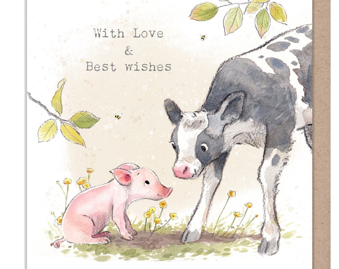 Greeting Card -with Love -  Quality Greeting Card - Charming illustration - 'Buttercup Farm' range - Piglet and calf - Made in UK -  BF04