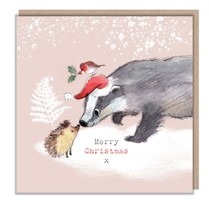 Hochwertige Weihnachtskarte - Dachs und Igel Illustration - Frohe Weihnachten - 'Bucklebury Wood' Serie - Made in UK - BWX02