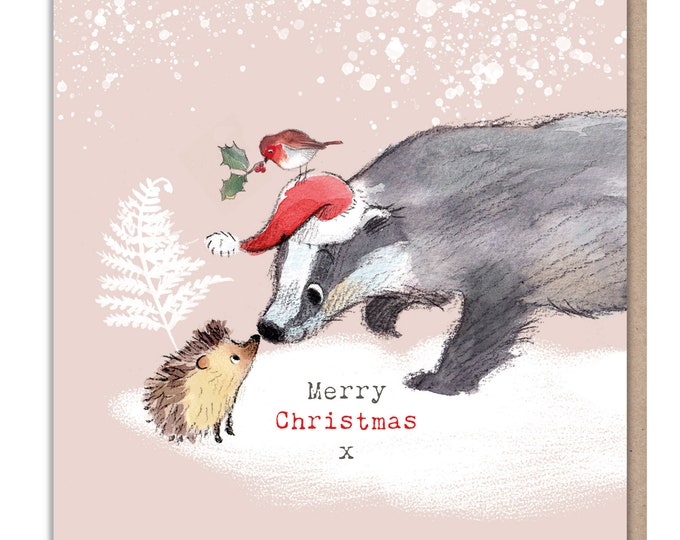 Quality Christmas Card - Badger and Hedgehog illustration -Merry christmas - 'Bucklebury wood' range- Made in UK -  BWX02