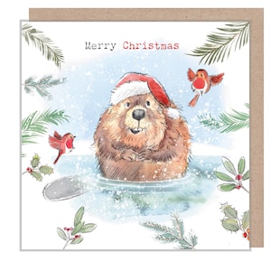 Kwaliteitskerstkaart - Vrolijk kerstfeest - Illustratie Beaver and Robins - 'Down by the River'-reeks - Made in UK - RIVX02