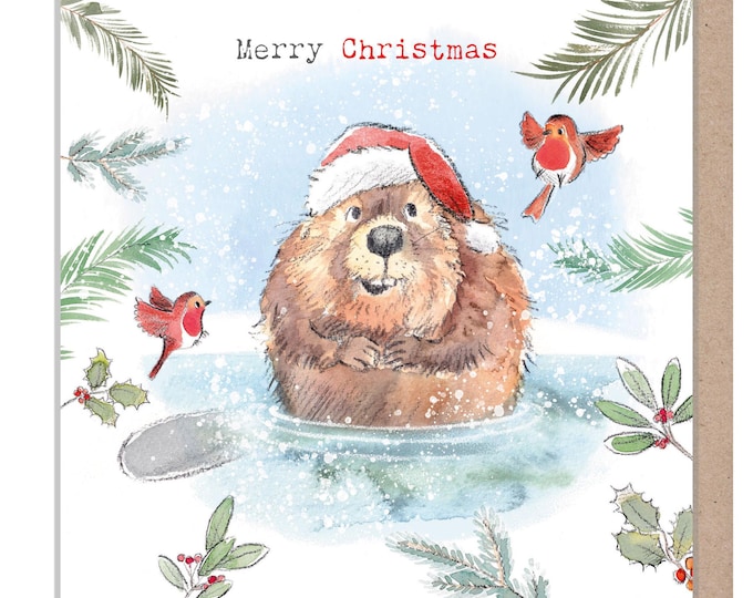 Quality Christmas Card- Merry Christmas - Beaver and Robins Illustration - 'Down by the river' range - Made in UK -  RIVX02