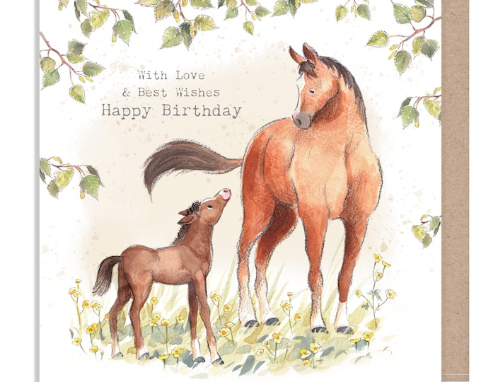 Birthday Card - Quality Greeting Card - Charming illustration - 'Buttercup Farm' range - Horse and foal- Made in UK -  BF015