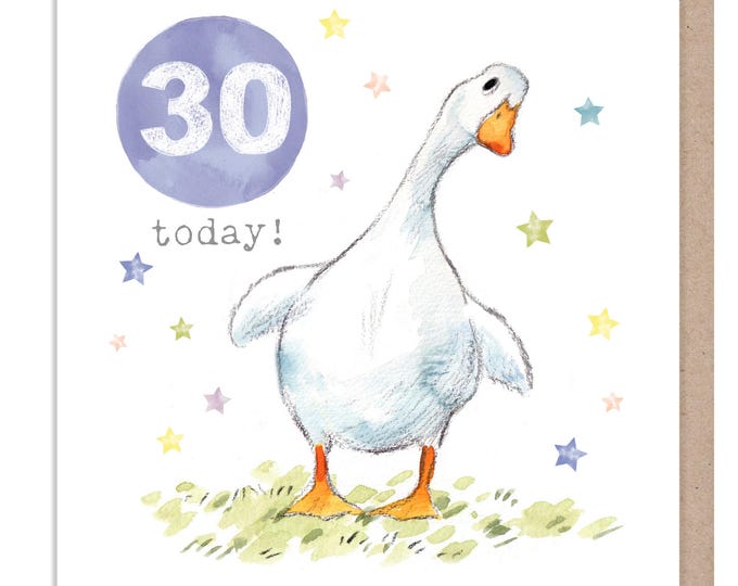 AGE 30 Birthday Card -  Charming illustration - White Duck - Party Time'  range - Made in UK -  PTAGE030