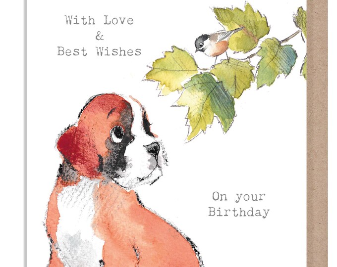 Birthday Card - Quality Greeting Card - Charming Dog illustration - 'Absolutely barking' range - Boxer with bird - Made in UK - ABE100