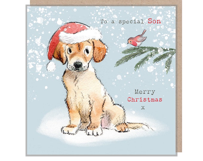 Son Christmas Card - Charming illustration - 'Absolutely barking' range - Labrador/Retriever - Made in UK - ABX0100