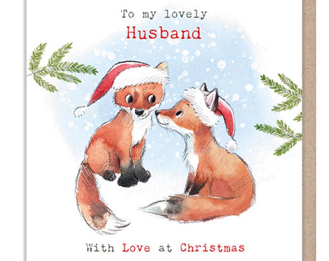 Husband - Quality Christmas Card - 150 x 150mm - Charming Fox illustration - 'Bucklebury Wood'  range - Made in UK -  BWX027