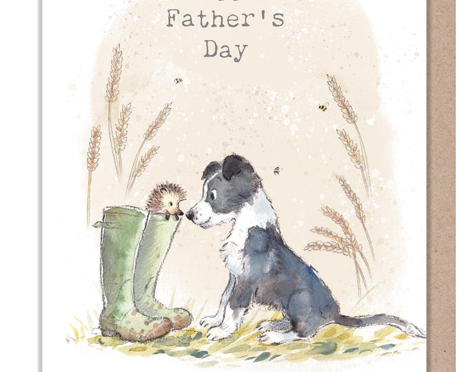 Fathers Day Card - Charming illustration - 'Buttercup Farm' range - Collie Dog and Hedgehog - Made UK -  BFFD01