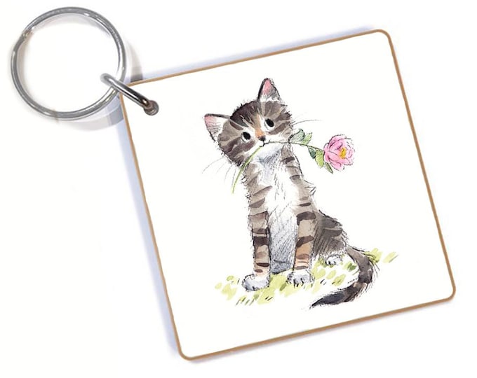 Quality Keyring - Tabby Cat design - double sided - MDF-  Made in the UK  - KR02