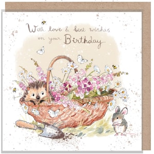 Cartão de aniversário - Cartão de qualidade - Ilustração encantadora - Ouriço em cesta de flores - Linha 'Morris and Maude' - Fabricado no Reino Unido - MME02