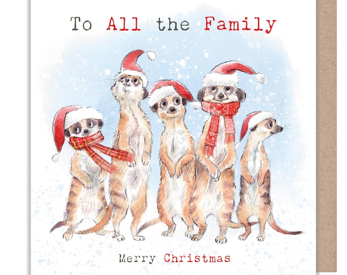 To All the Family - Quality Christmas Card - 150 x 150mm - Charming Meerkats illustration - 'Wonderfully Wild'  range - Made in UK -  WWX021